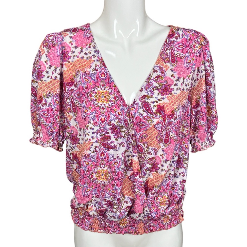 Melloday Pink Paisley Print Surplice Neck Smocked Waist Blouse Size Medium